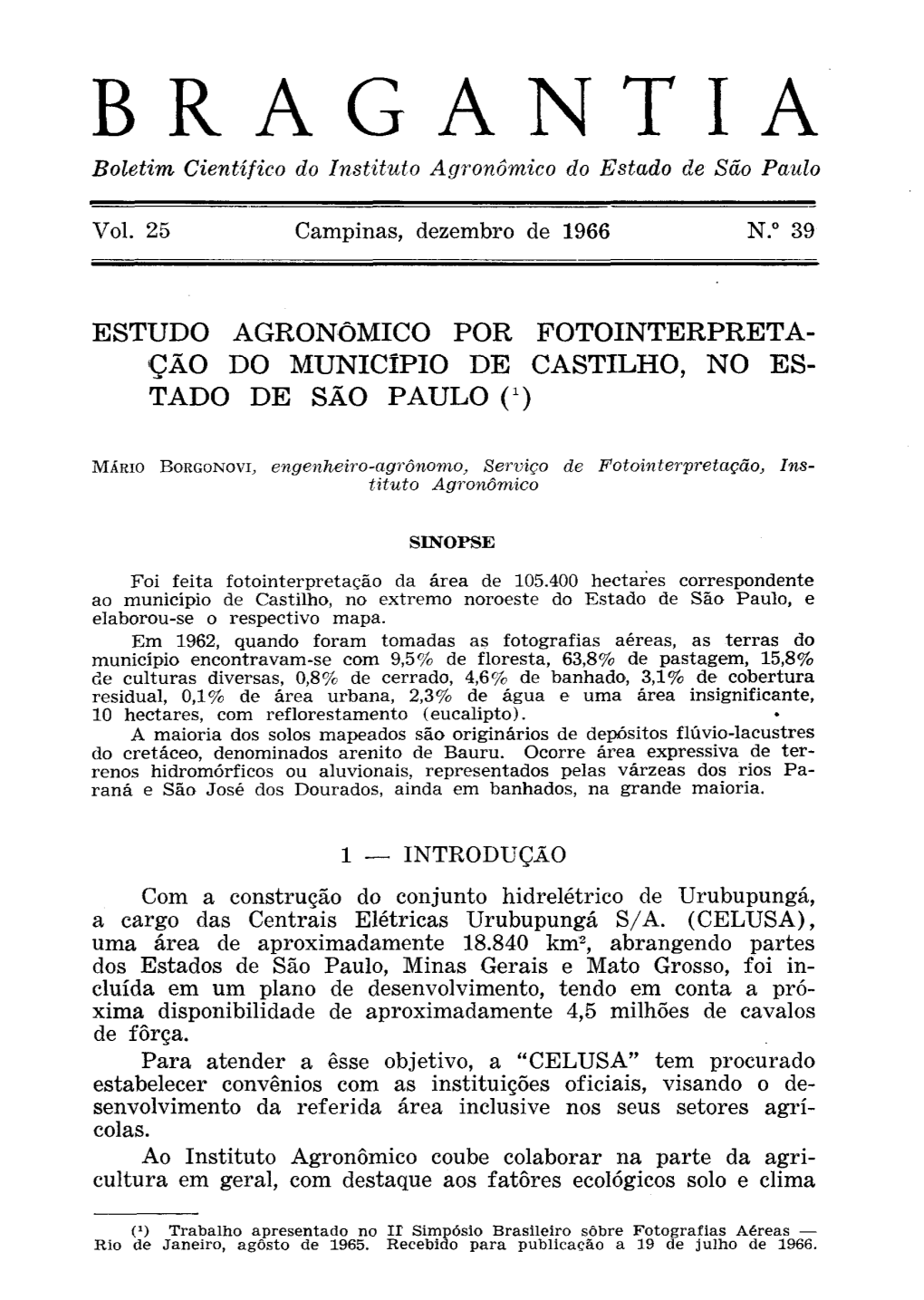 Estudo Agronômico Por Fotointerpreta¬ Ção Do Município De Castilho, No Es­ Tado De São Paulo (1)