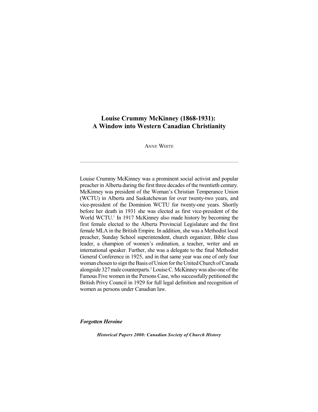 Louise Crummy Mckinney (1868-1931): a Window Into Western Canadian Christianity