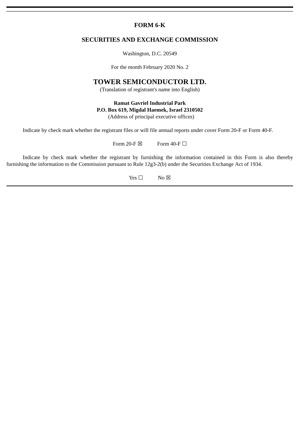 TOWER SEMICONDUCTOR LTD. (Translation of Registrant's Name Into English)