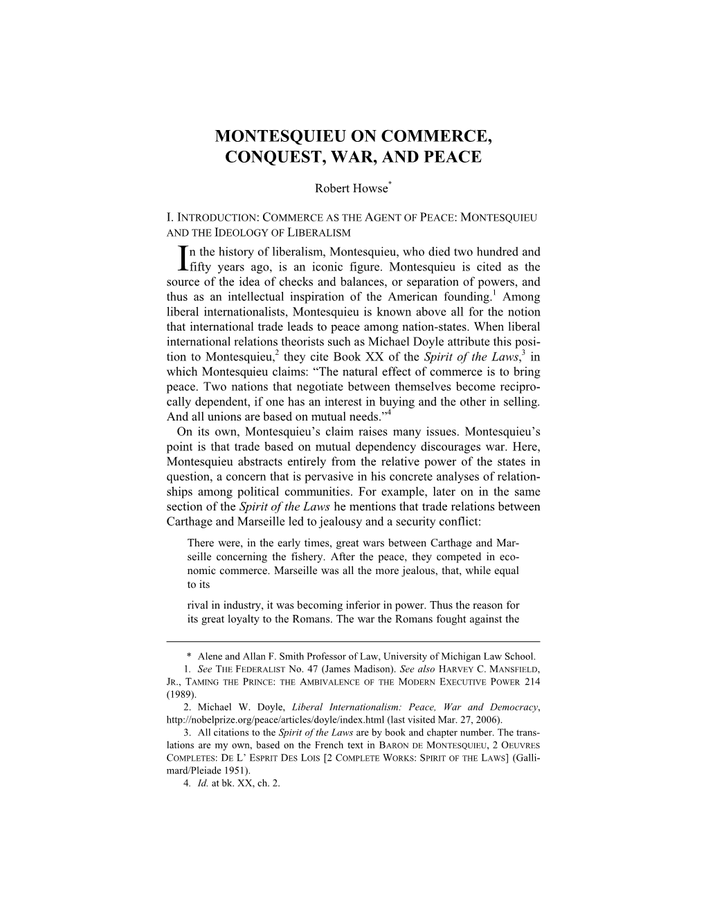 Montesquieu on Commerce, Conquest, War, and Peace