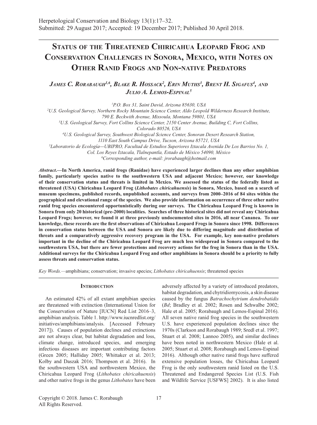 Status of the Threatened Chiricahua Leopard Frog and Conservation Challenges in Sonora, Mexico, with Notes on Other Ranid Frogs and Non-Native Predators