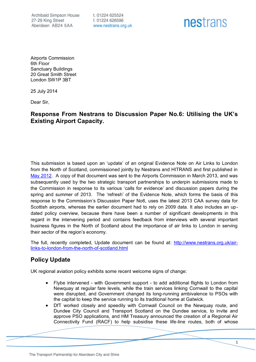 Response from Nestrans to Discussion Paper No.6: Utilising the UK’S Existing Airport Capacity