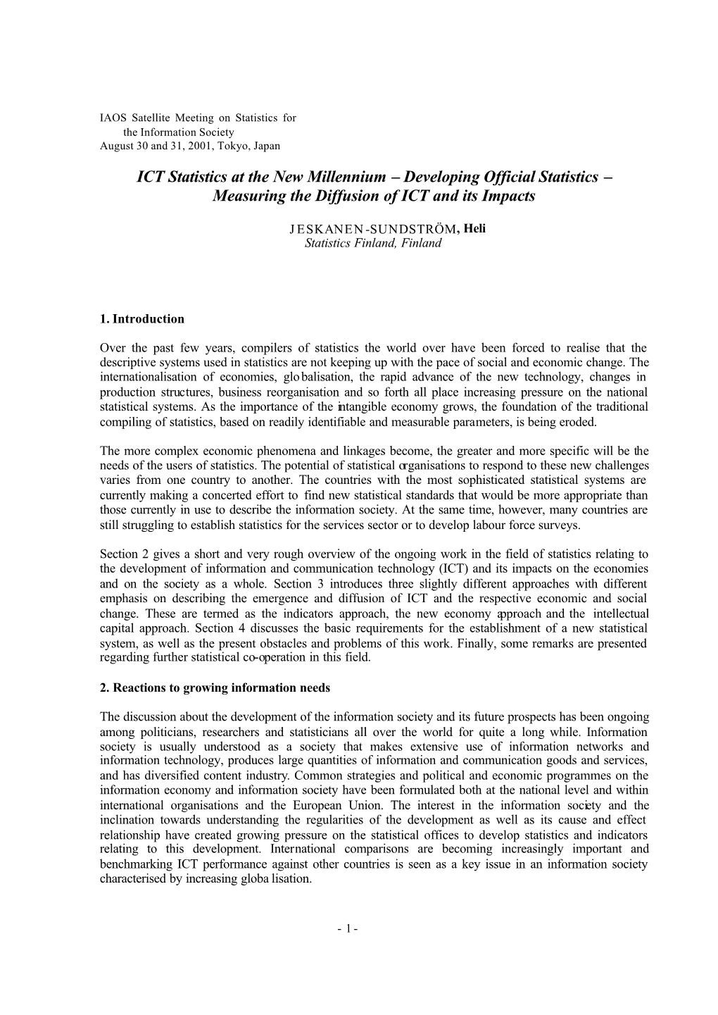 ICT Statistics at the New Millennium – Developing Official Statistics – Measuring the Diffusion of ICT and Its Impacts