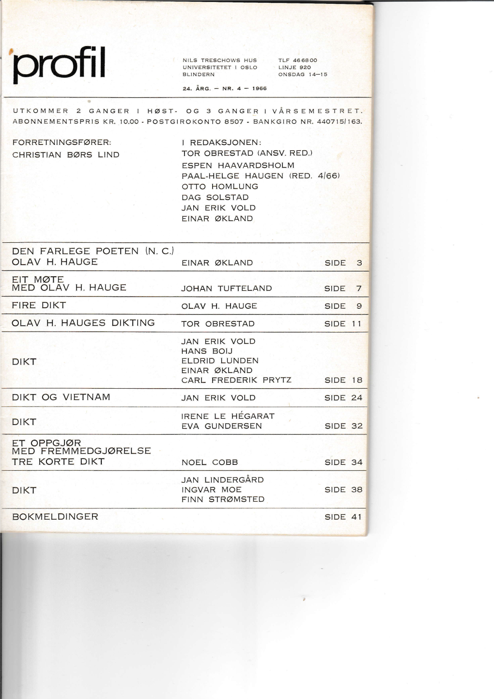 'Profi UNIVERSITETET I OSLO LINJE 92O I BLINDERN ONSDAG'i4-I5 Za.Åna.-NR.4-1966