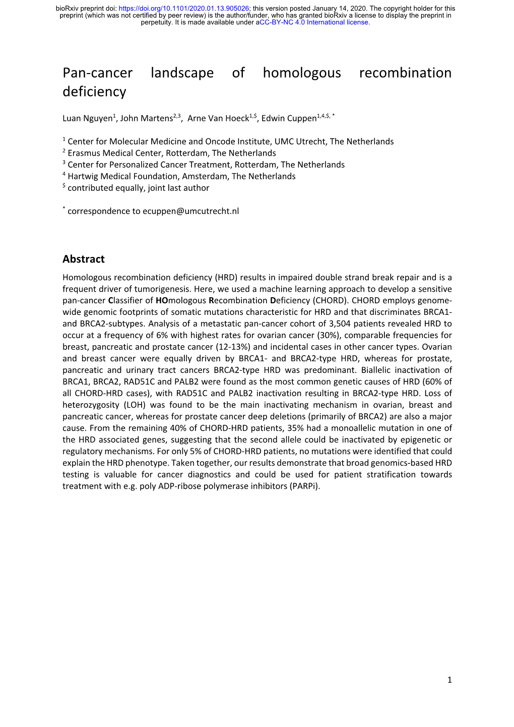 Pan-Cancer Landscape of Homologous Recombination Deficiency