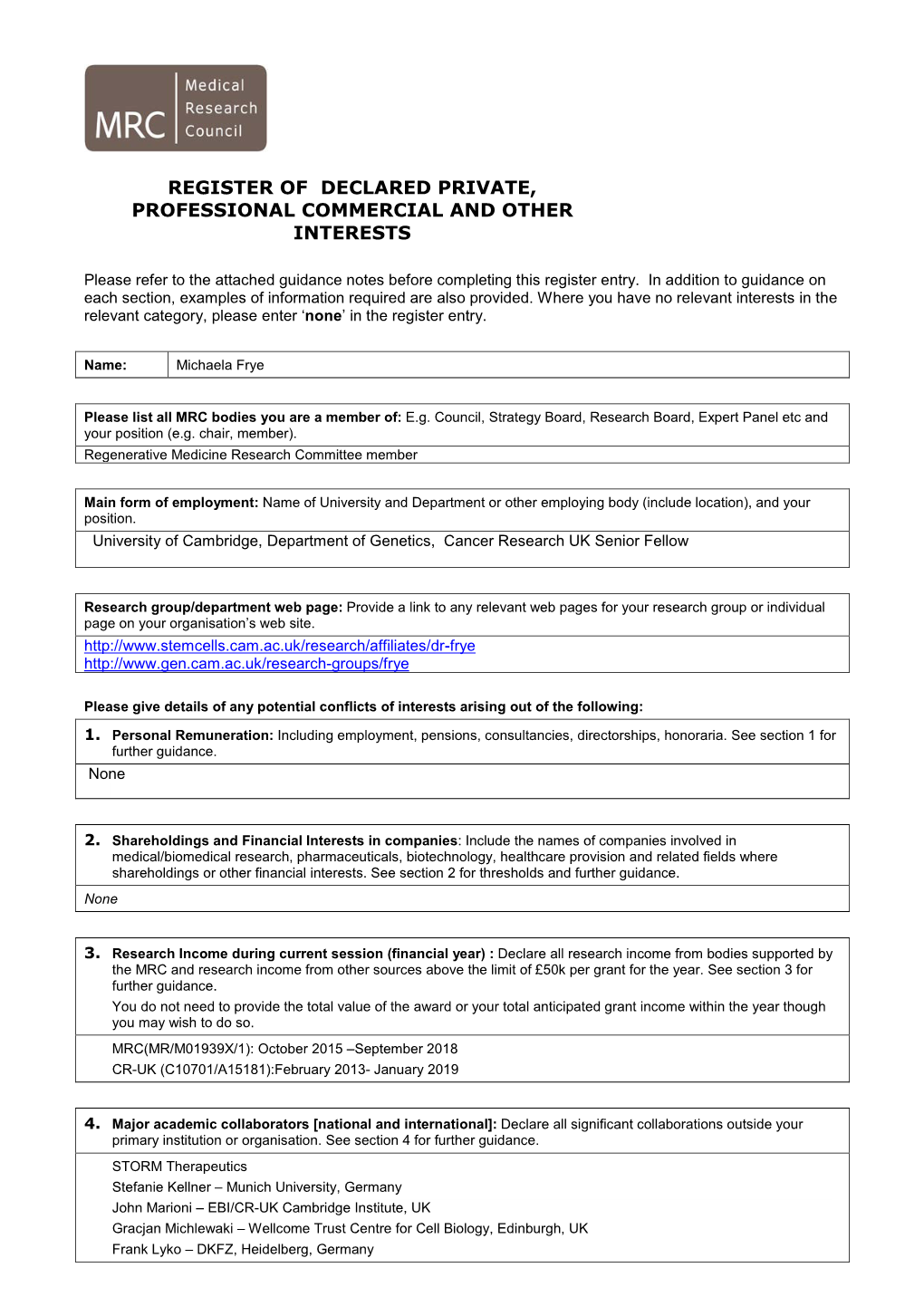 Register of Declared Private, Professional Commercial and Other Interests