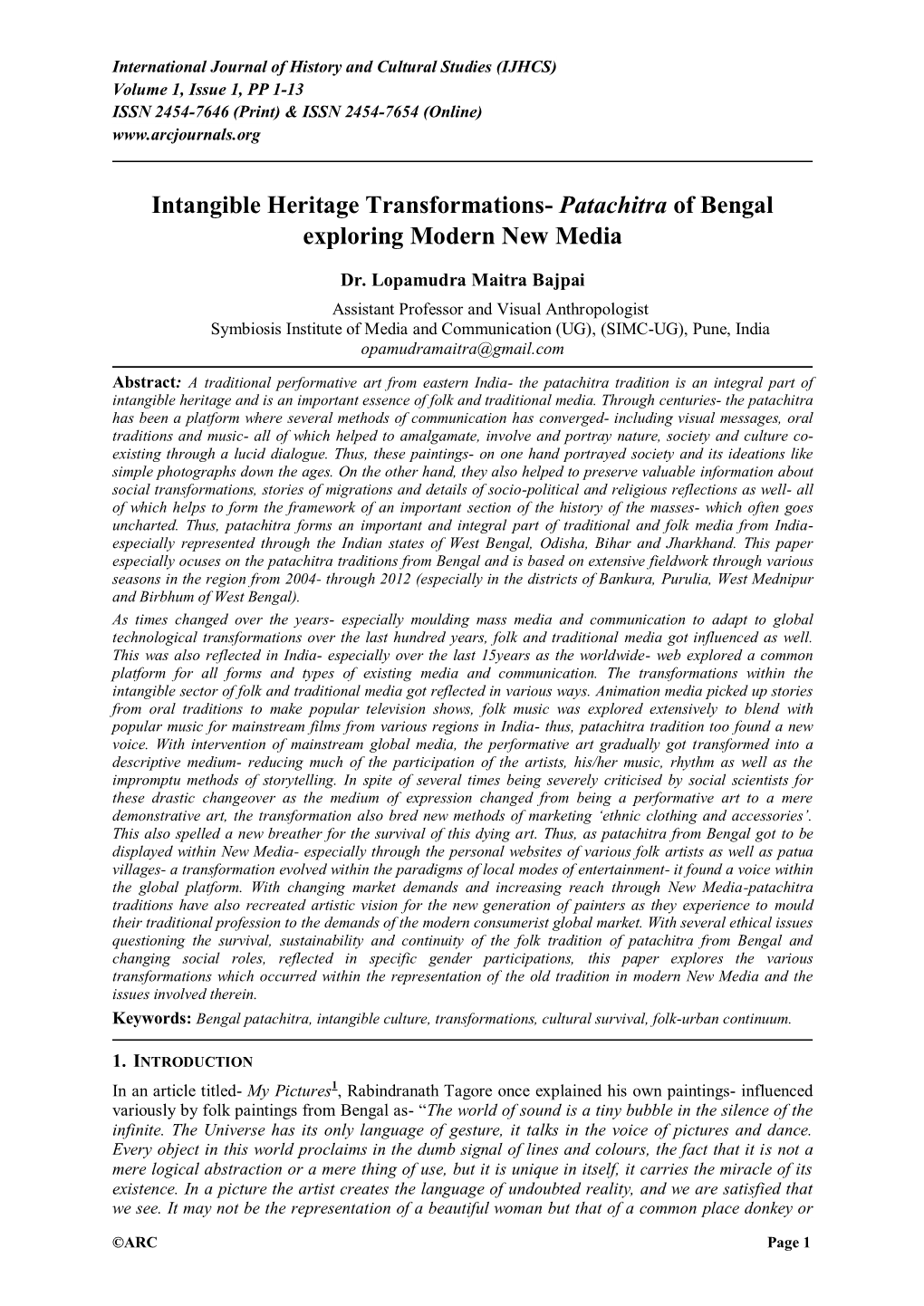 Intangible Heritage Transformations- Patachitra of Bengal Exploring Modern New Media