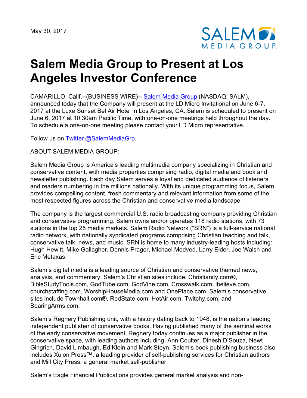 Salem Media Group to Present at Los Angeles Investor Conference