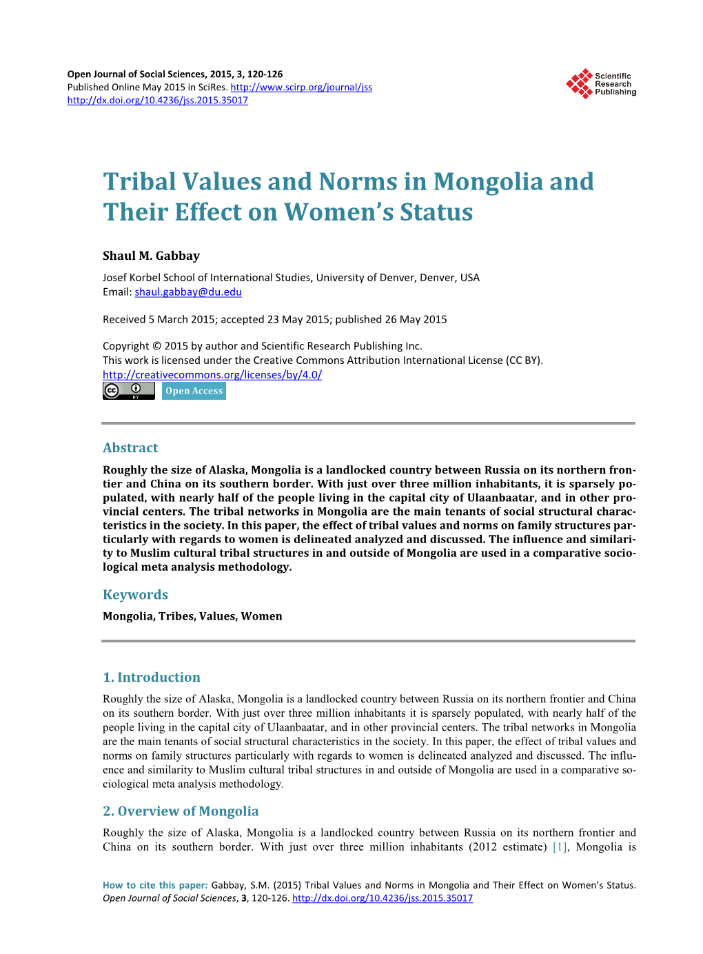 Tribal Values and Norms in Mongolia and Their Effect on Women's Status