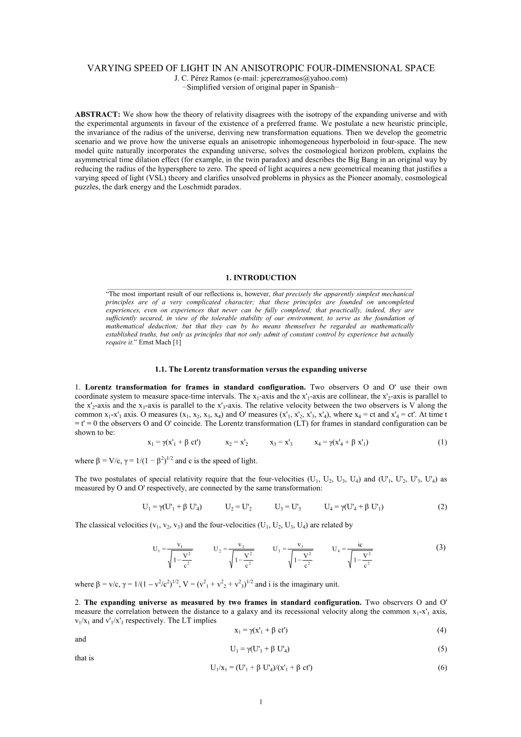 Varying Speed of Light in an Anisotropic Four-Dimensional Space J