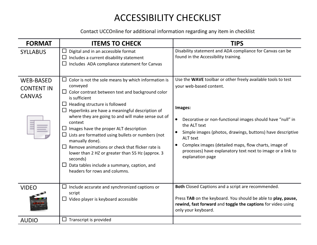 Contact Ucconline for Additional Information Regarding Any Item in Checklist