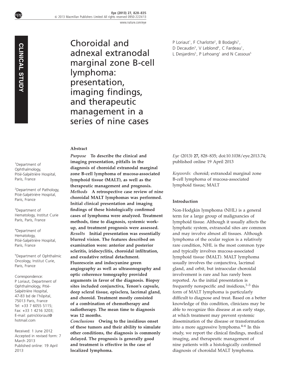 Choroidal and Adnexal Extranodal Marginal Zone B-Cell