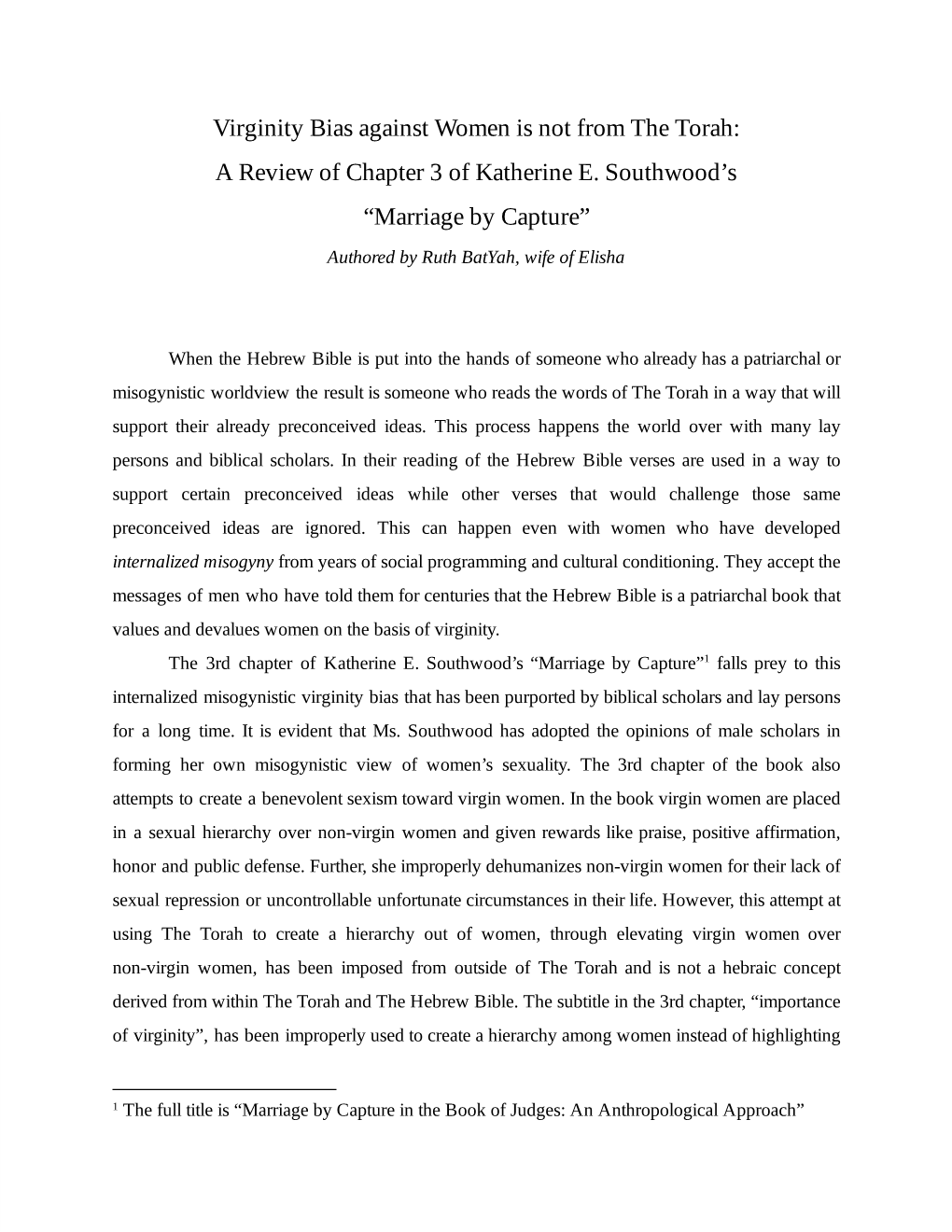 Virginity Bias Against Women Is Not from the Torah: a Review of Chapter 3 of Katherine E