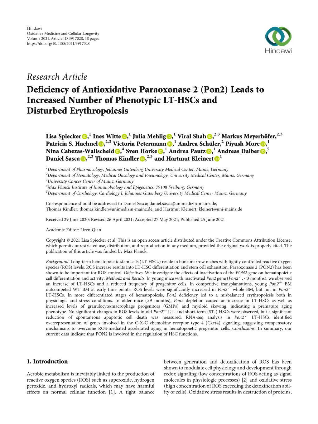 Deficiency of Antioxidative Paraoxonase 2 (Pon2) Leads to Increased Number of Phenotypic LT-Hscs and Disturbed Erythropoiesis