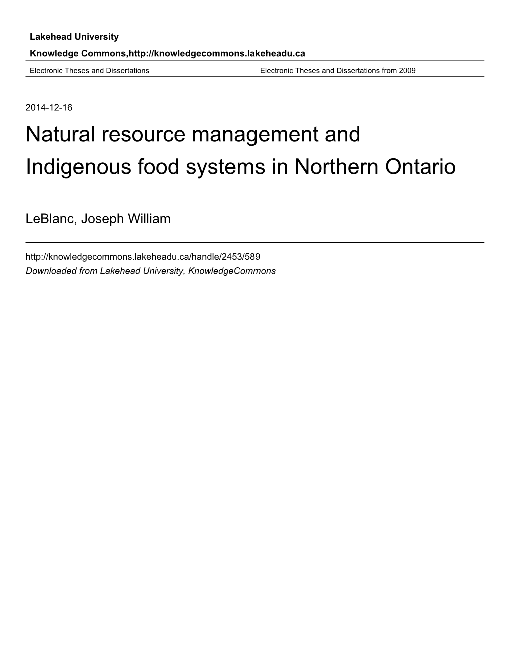 Natural Resource Management and Indigenous Food Systems in Northern Ontario