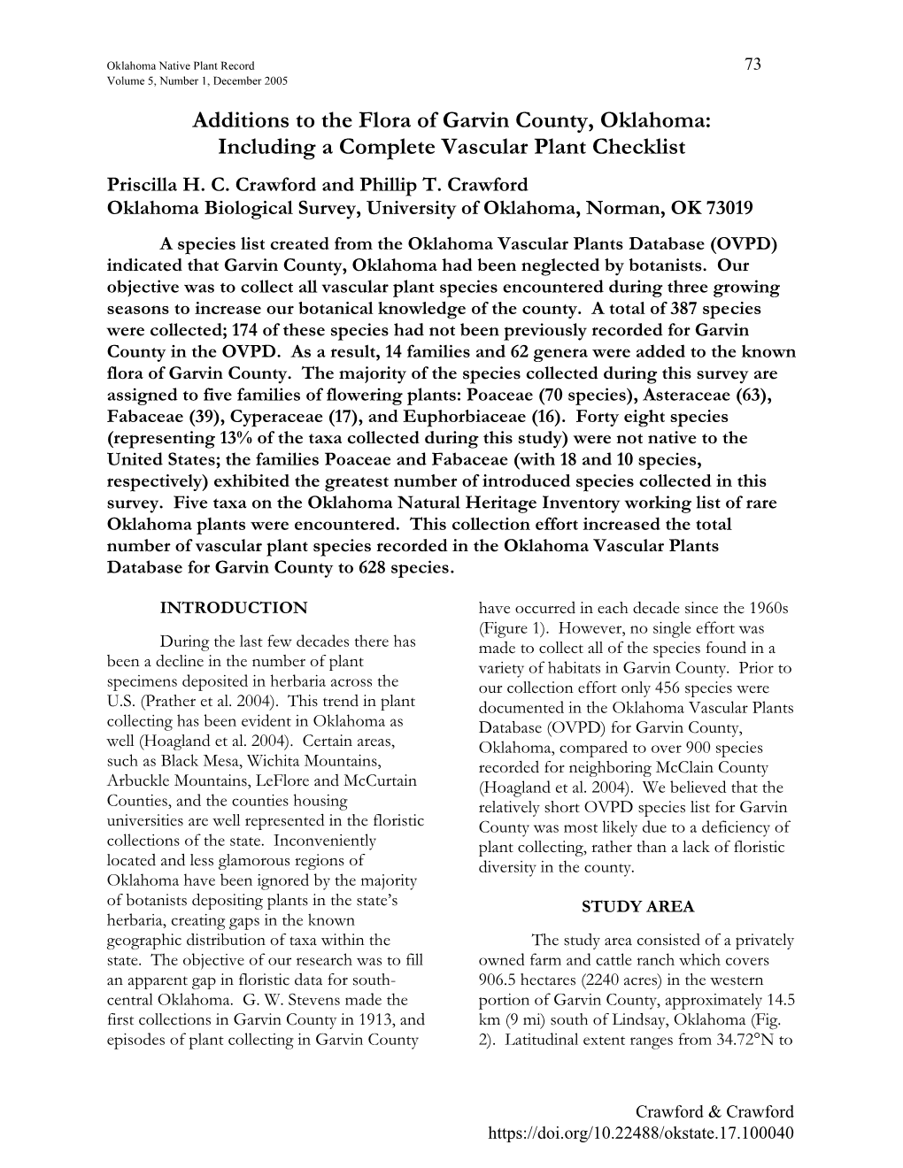 Journal of the Oklahoma Native Plant Society, Volume 5, Number 1