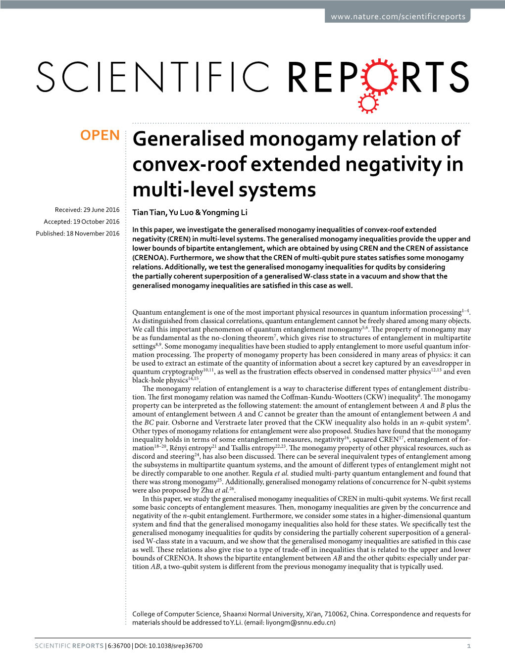 Generalised Monogamy Relation of Convex-Roof Extended Negativity In