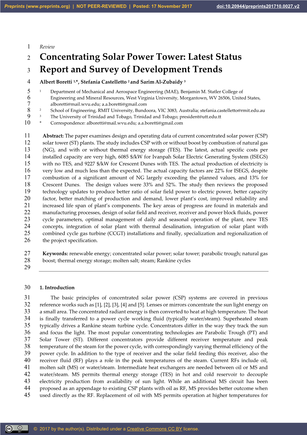 Concentrating Solar Power Tower: Latest Status 3 Report and Survey of Development Trends