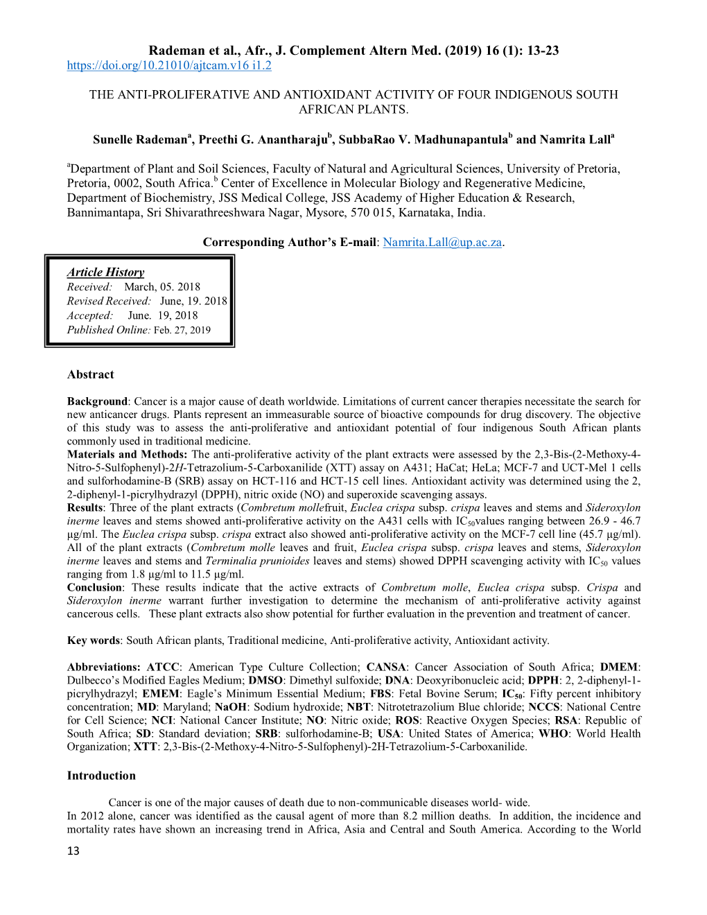 Rademan Et Al., Afr., J. Complement Altern Med. (2019) 16 (1): 13-23 I1.2