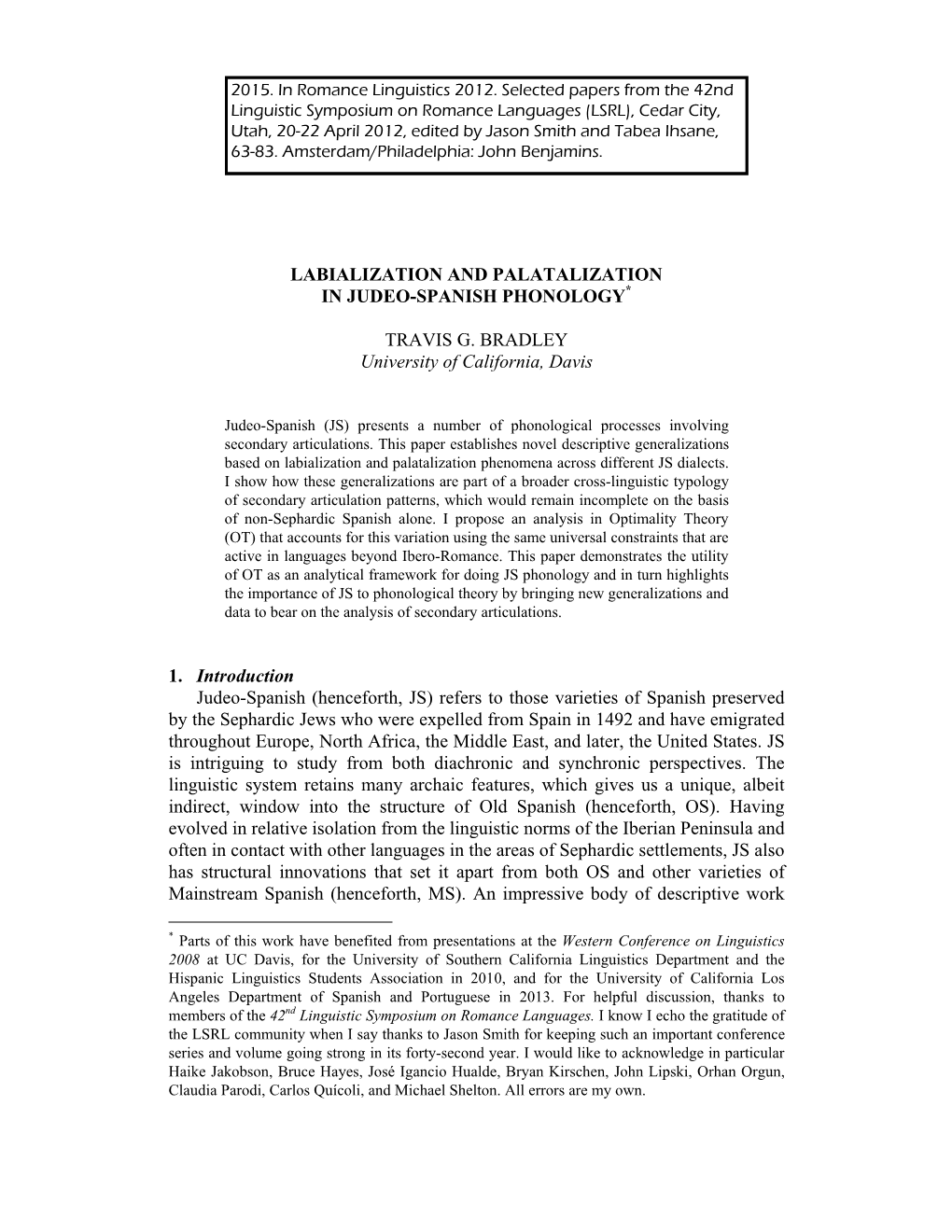 Bradley 2015 Labialization and Palatalization in Judeo-Spanish