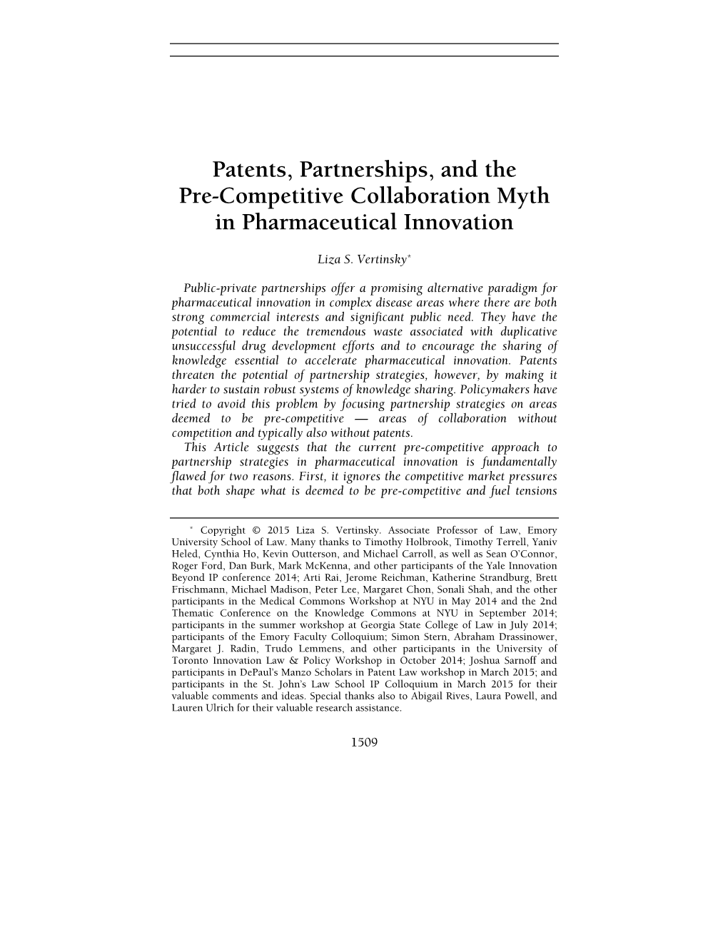 Patents, Partnerships, and the Pre-Competitive Collaboration Myth in Pharmaceutical Innovation