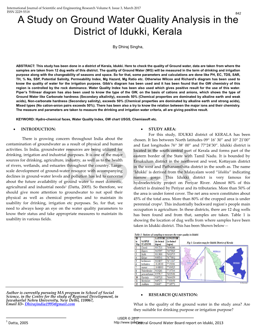 A Study on Ground Water Quality Analysis in the District of Idukki, Kerala