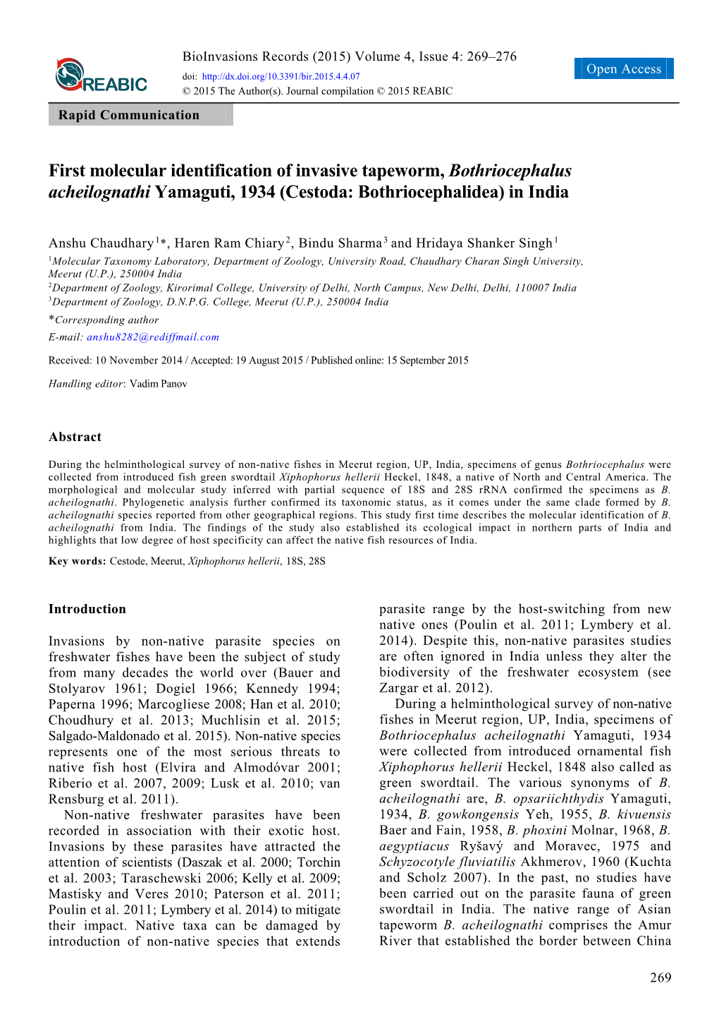 First Molecular Identification of Invasive Tapeworm, Bothriocephalus Acheilognathi Yamaguti, 1934 (Cestoda: Bothriocephalidea) in India