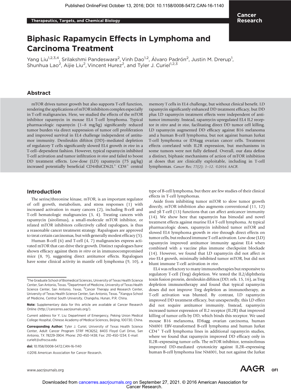 Biphasic Rapamycin Effects in Lymphoma and Carcinoma Treatment Yang Liu1,2,3,4, Srilakshmi Pandeswara2, Vinh Dao1,2, Alvaro� Padron� 2, Justin M