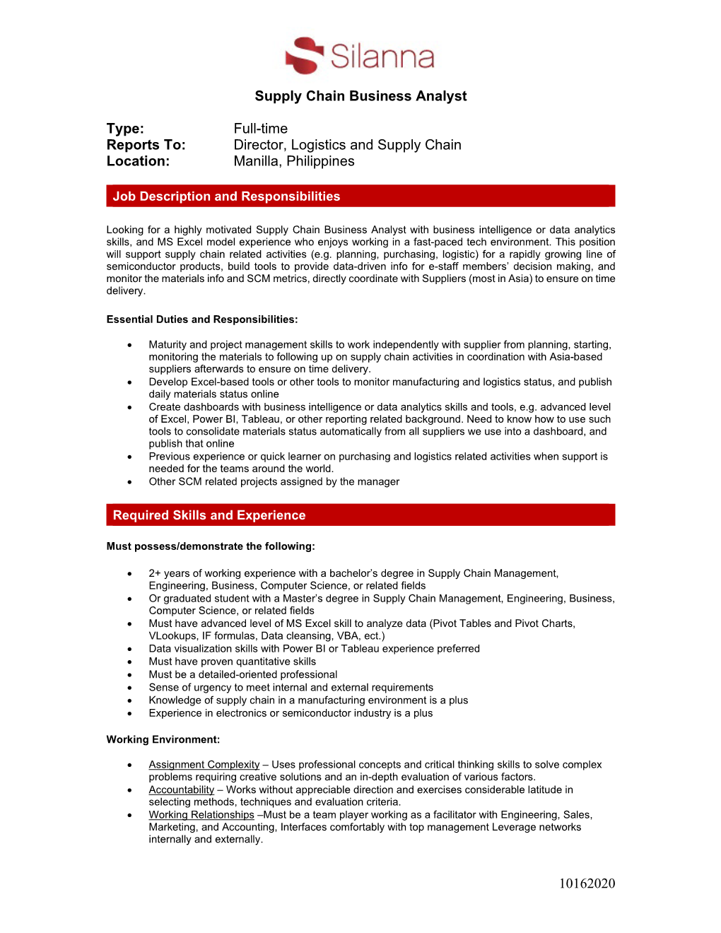 10162020 Supply Chain Business Analyst Type: Full-Time Reports