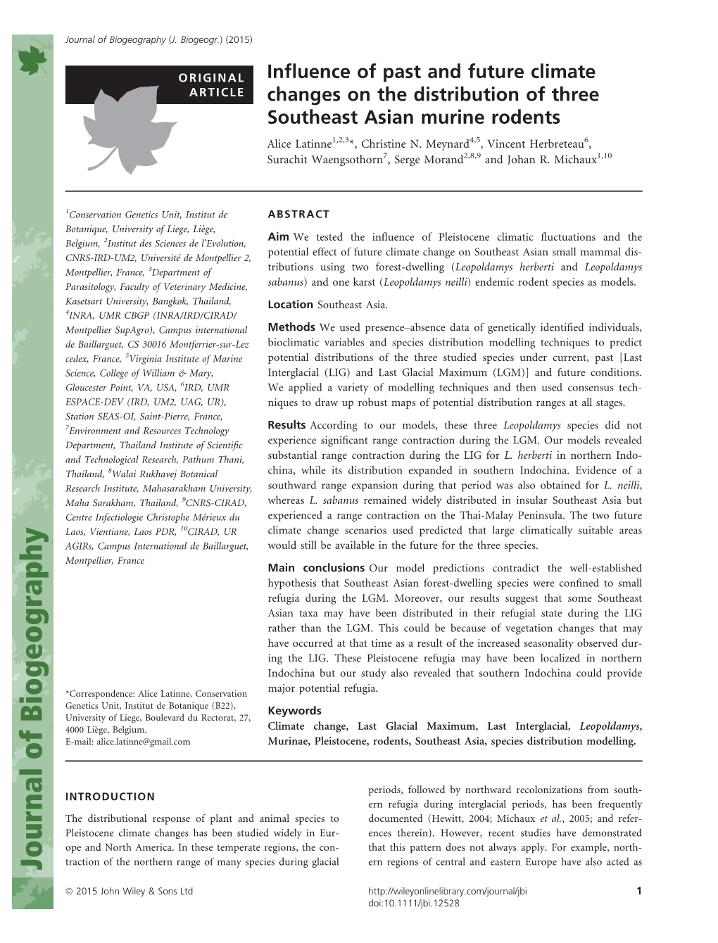 Influence of Past and Future Climate Changes on the Distribution of Three Southeast Asian Murine Rodents