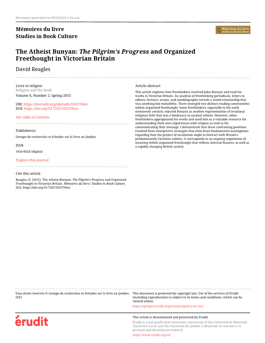 The Atheist Bunyan: the Pilgrim's Progress and Organized
