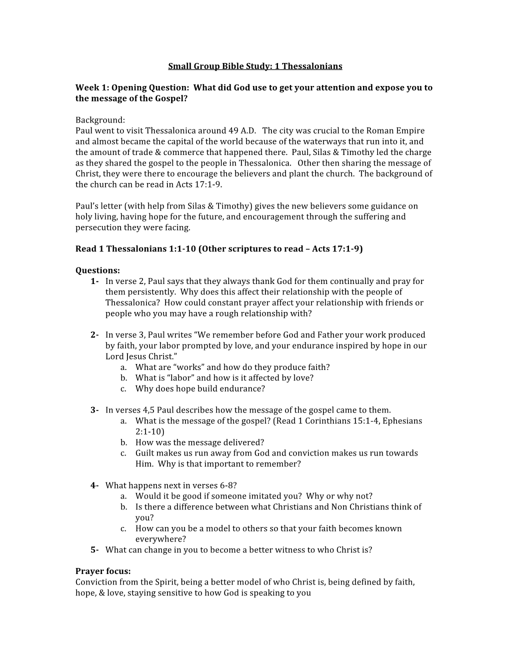 Small Group Bible Study: 1 Thessalonians Week 1