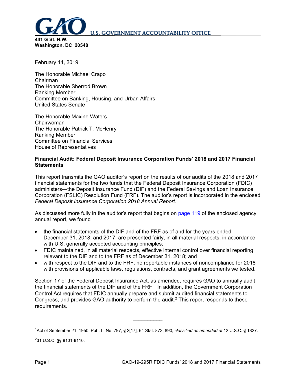 Federal Deposit Insurance Corporation Funds’ 2018 and 2017 Financial Statements