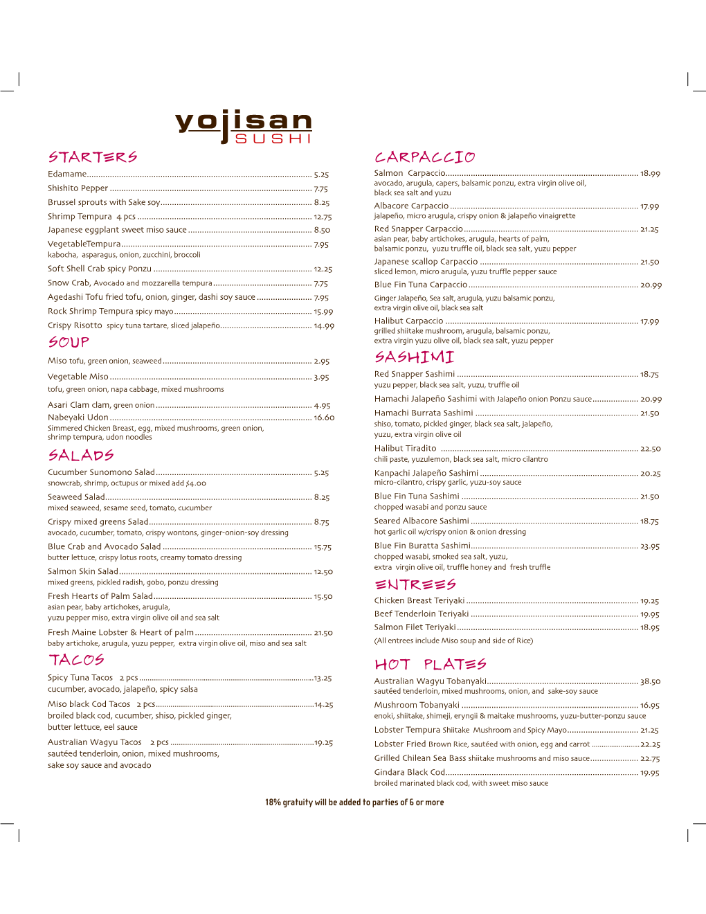 Yojisan Menu