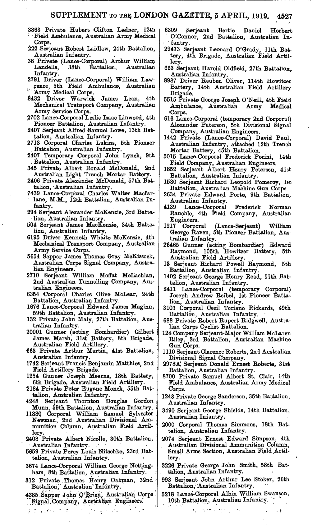 SUPPLEMENT to the LONDON GAZETTE, P APKIL, 1919. 4527
