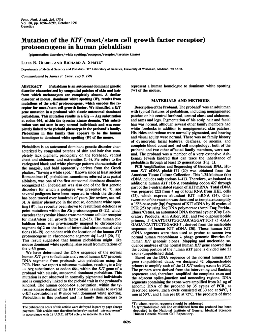 Mutation of the KIT (Mast/Stem Cell Growth Factor Receptor