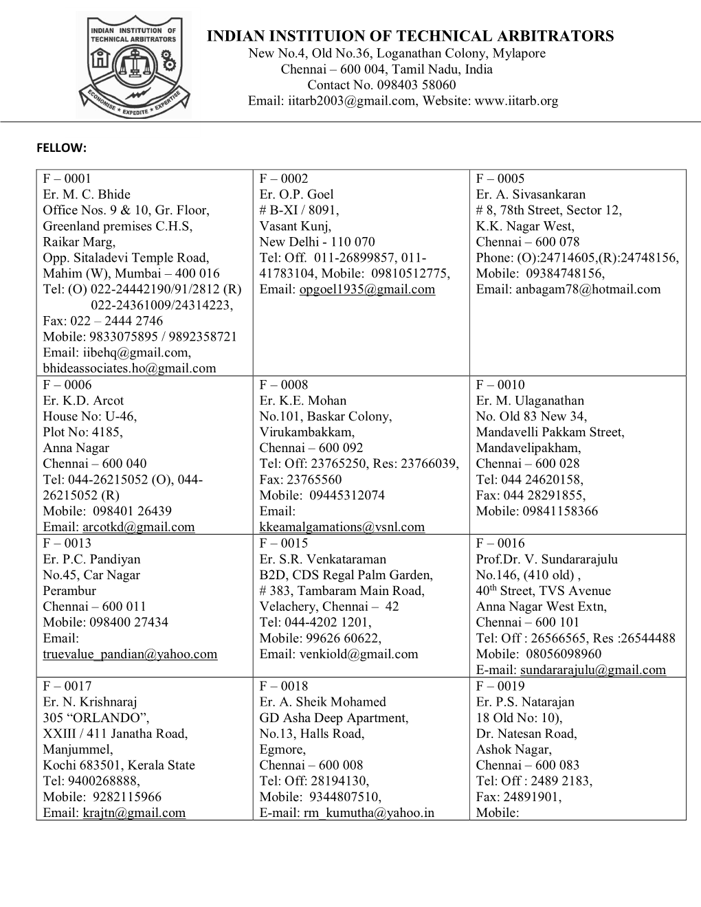 INDIAN INSTITUION of TECHNICAL ARBITRATORS New No.4, Old No.36, Loganathan Colony, Mylapore Chennai – 600 004, Tamil Nadu, India Contact No