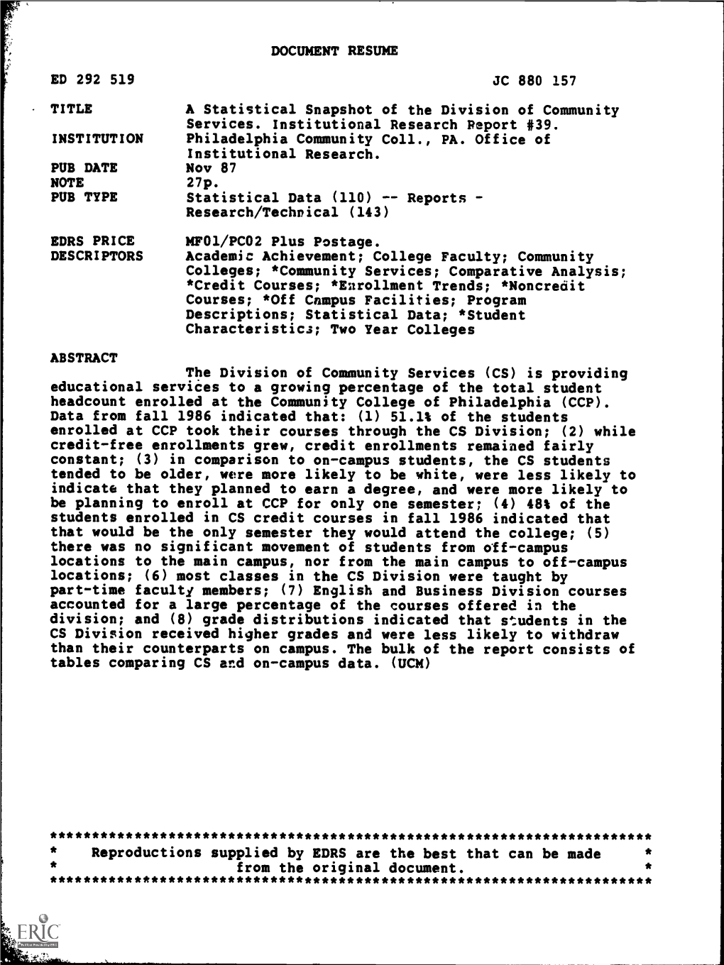 DOCUMENT RESUME ED 292 519 JC 880 157 TITLE a Statistical