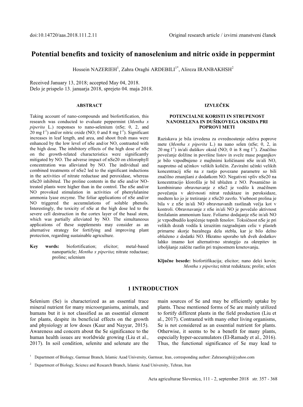 Potential Benefits and Toxicity of Nanoselenium and Nitric Oxide in Peppermint