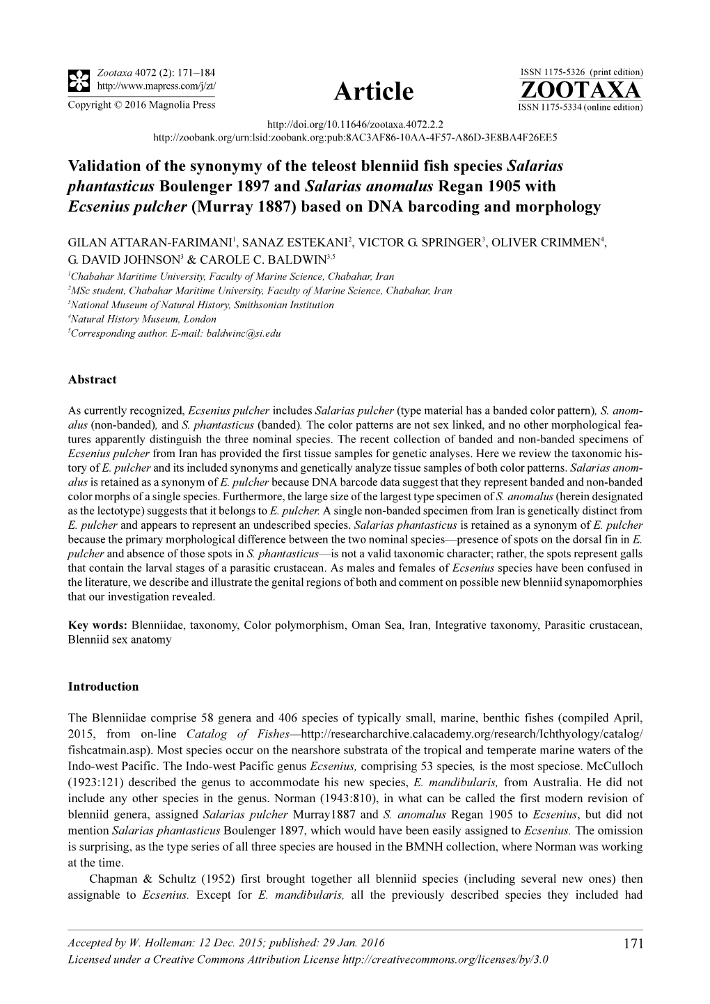 Validation of the Synonymy of the Teleost Blenniid Fish Species