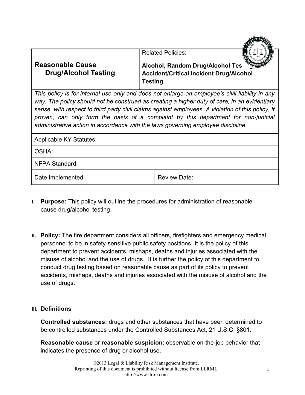 Reasonable Cause Drug/Alcohol Testing