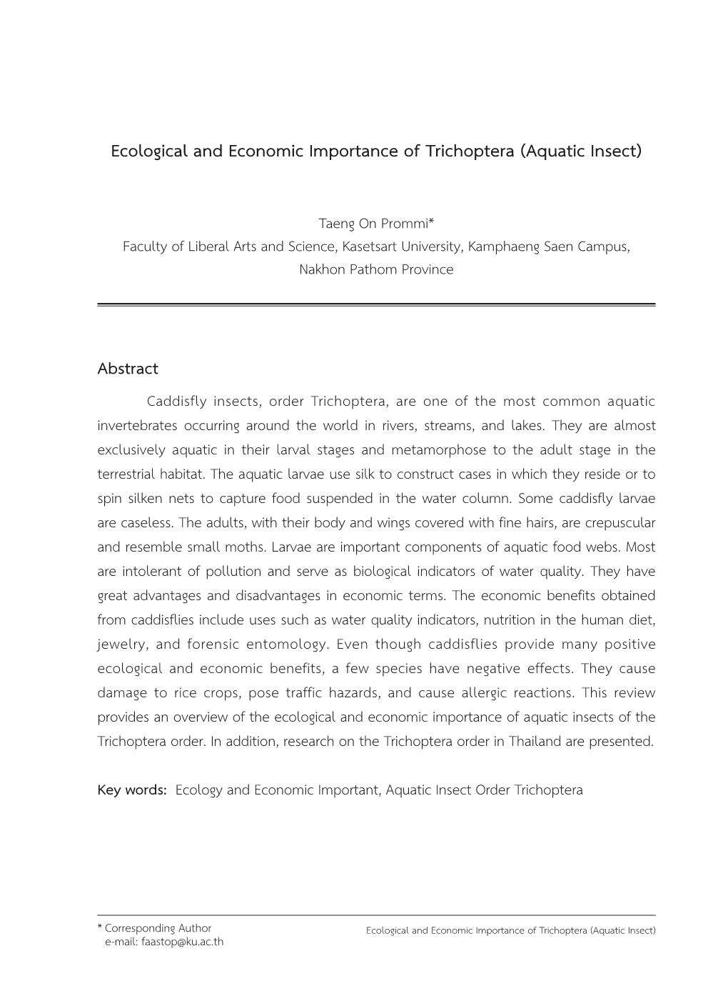 Ecological and Economic Importance of Trichoptera (Aquatic Insect)