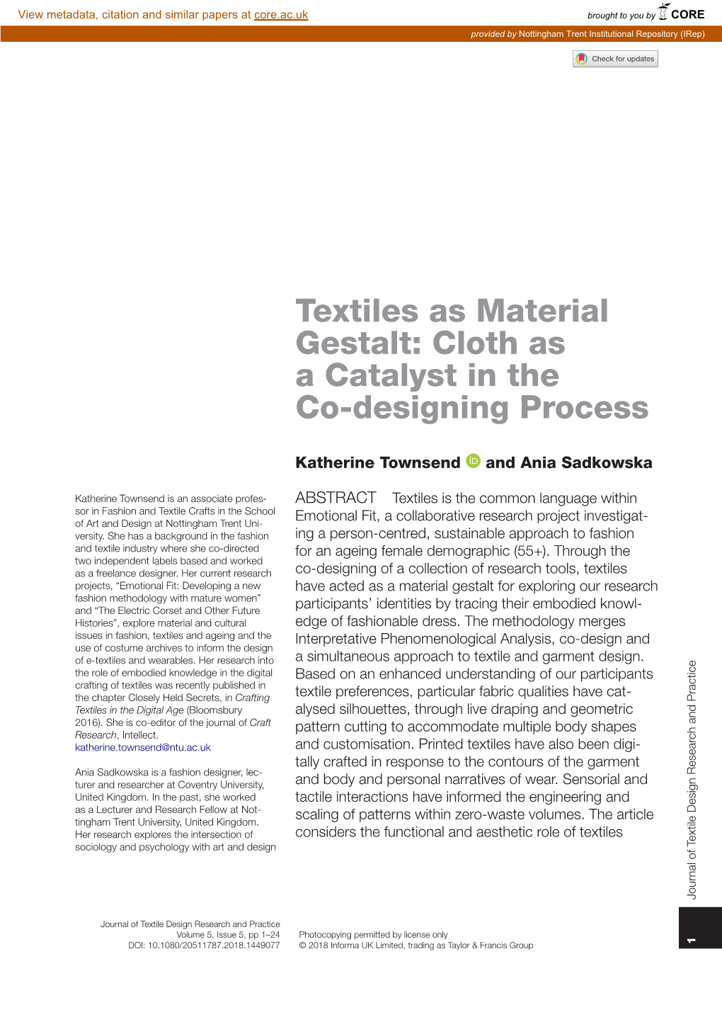 Textiles As Material Gestalt: Cloth As a Catalyst in the Co-Designing Process