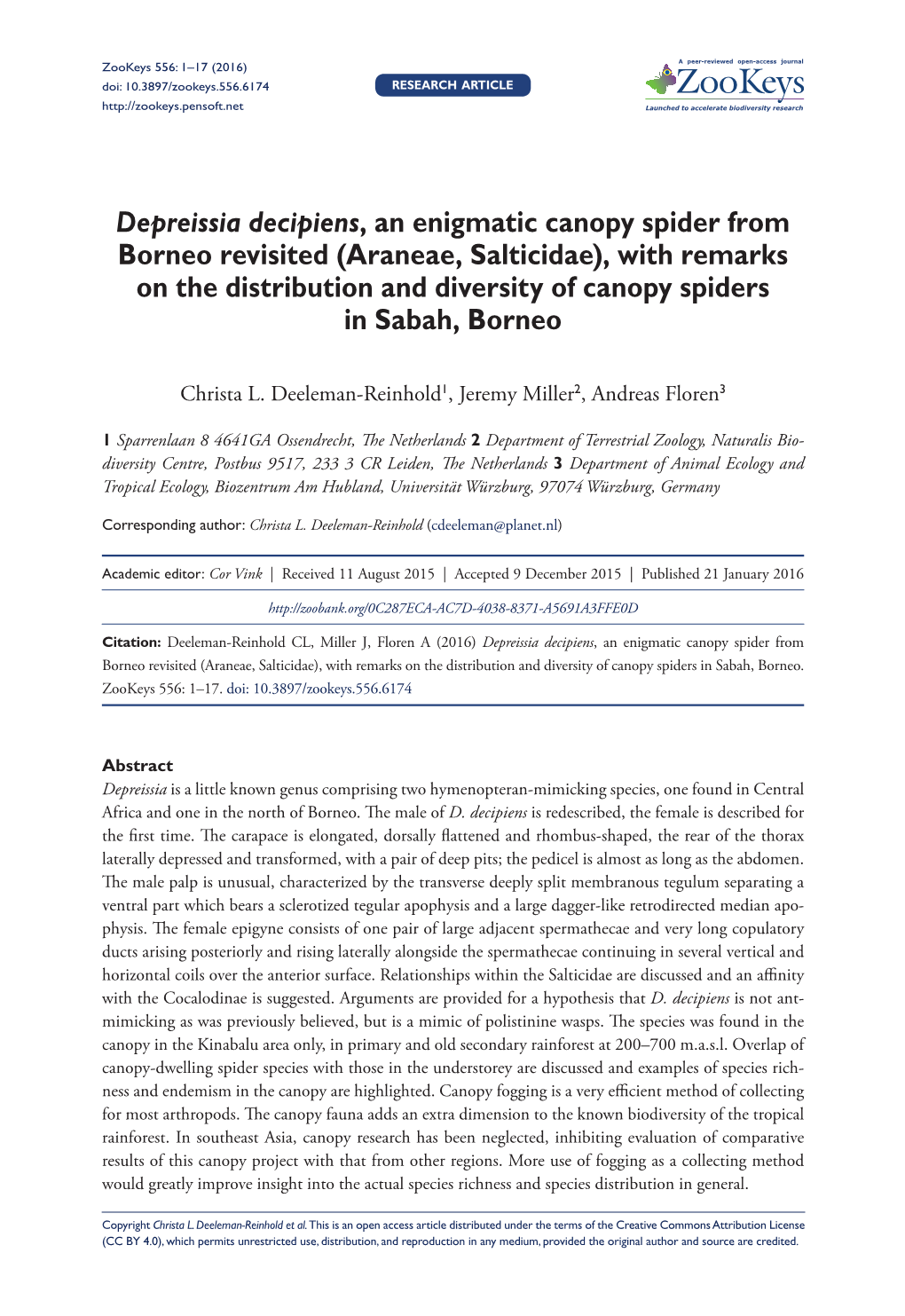 Araneae, Salticidae), with Remarks on the Distribution and Diversity of Canopy Spiders in Sabah, Borneo