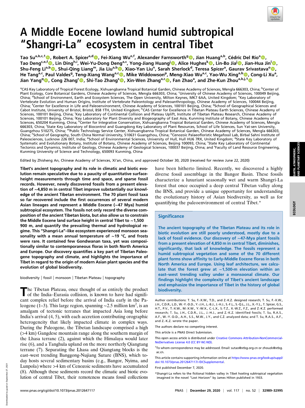 A Middle Eocene Lowland Humid Subtropical “Shangri-La” Ecosystem in Central Tibet