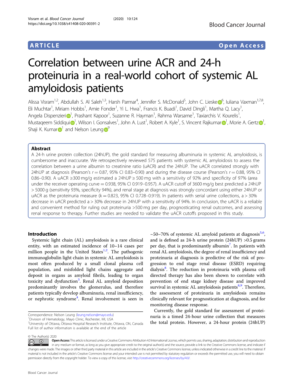 Correlation Between Urine ACR and 24-H Proteinuria in a Real-World Cohort of Systemic AL Amyloidosis Patients Alissa Visram1,2, Abdullah S