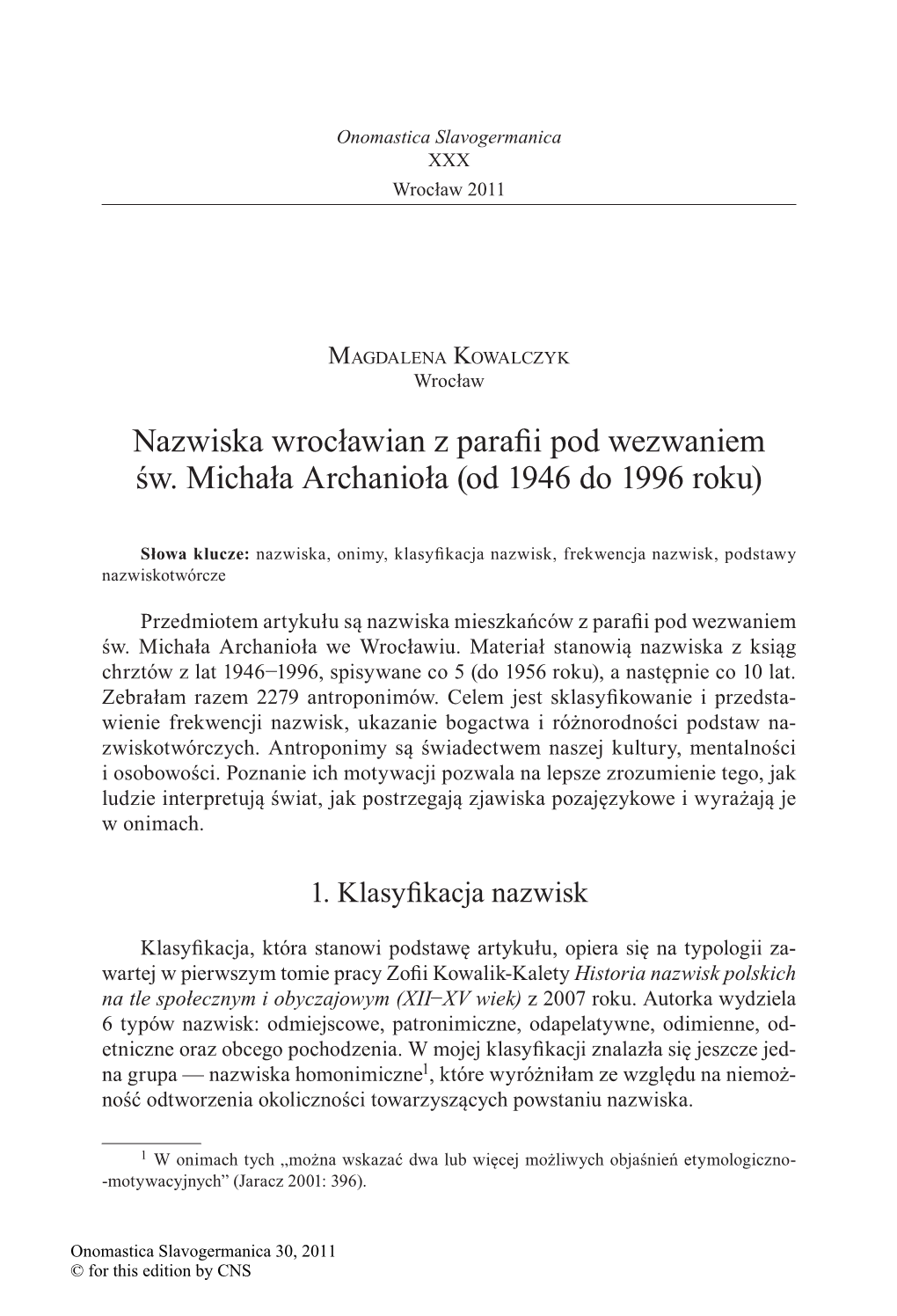 Nazwiska Wrocławian Z Parafii Pod Wezwaniem Św. Michała Archanioła (Od 1946 Do 1996 Roku)