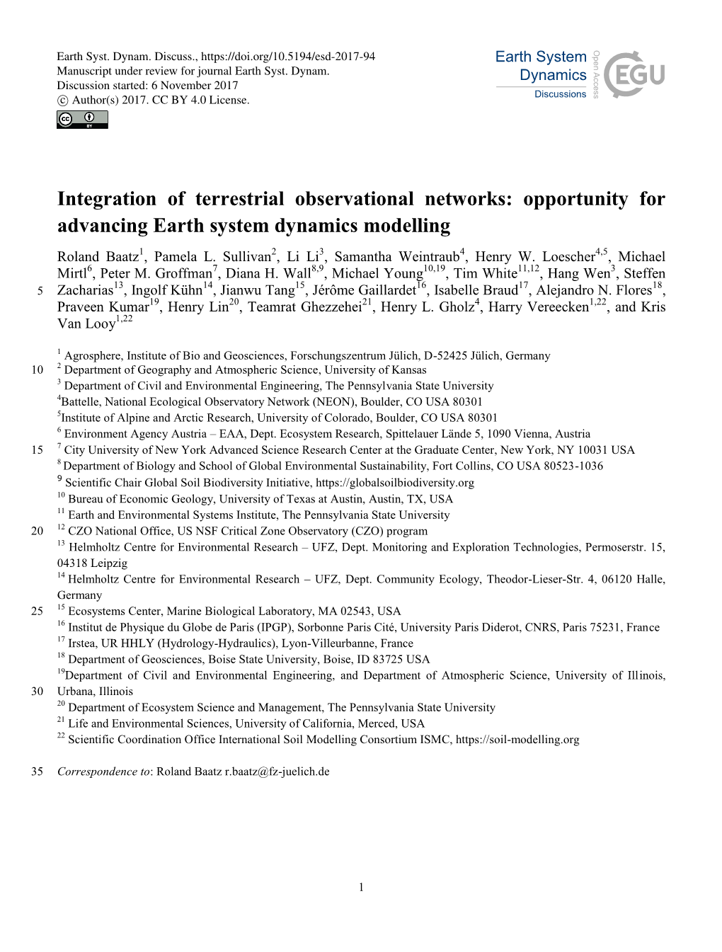 Integration of Terrestrial Observational Networks: Opportunity for Advancing Earth System Dynamics Modelling Roland Baatz1, Pamela L