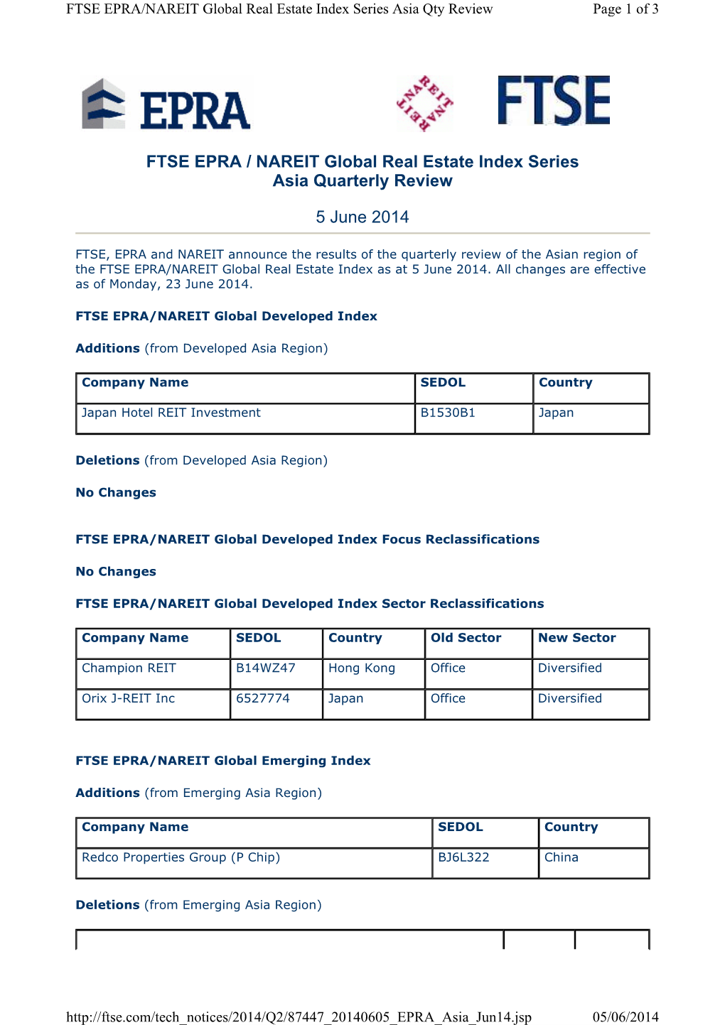 FTSE EPRA/NAREIT Global Real Estate Index Series Asia Quarterly