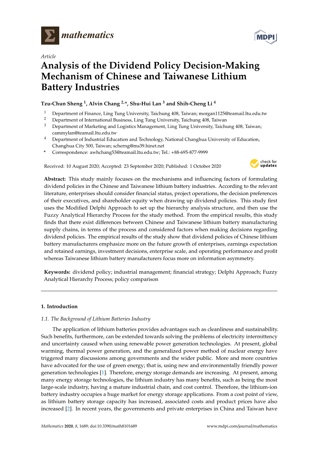 Analysis of the Dividend Policy Decision-Making Mechanism of Chinese and Taiwanese Lithium Battery Industries